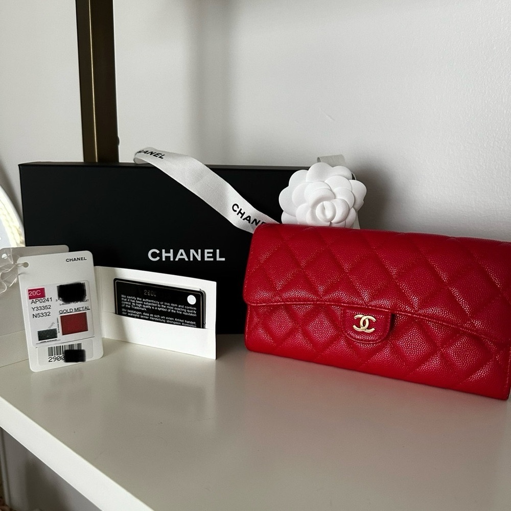 CHANEL Wallet FULL SET Classic Caviar Quilted Large Gusset Flap Red Gold